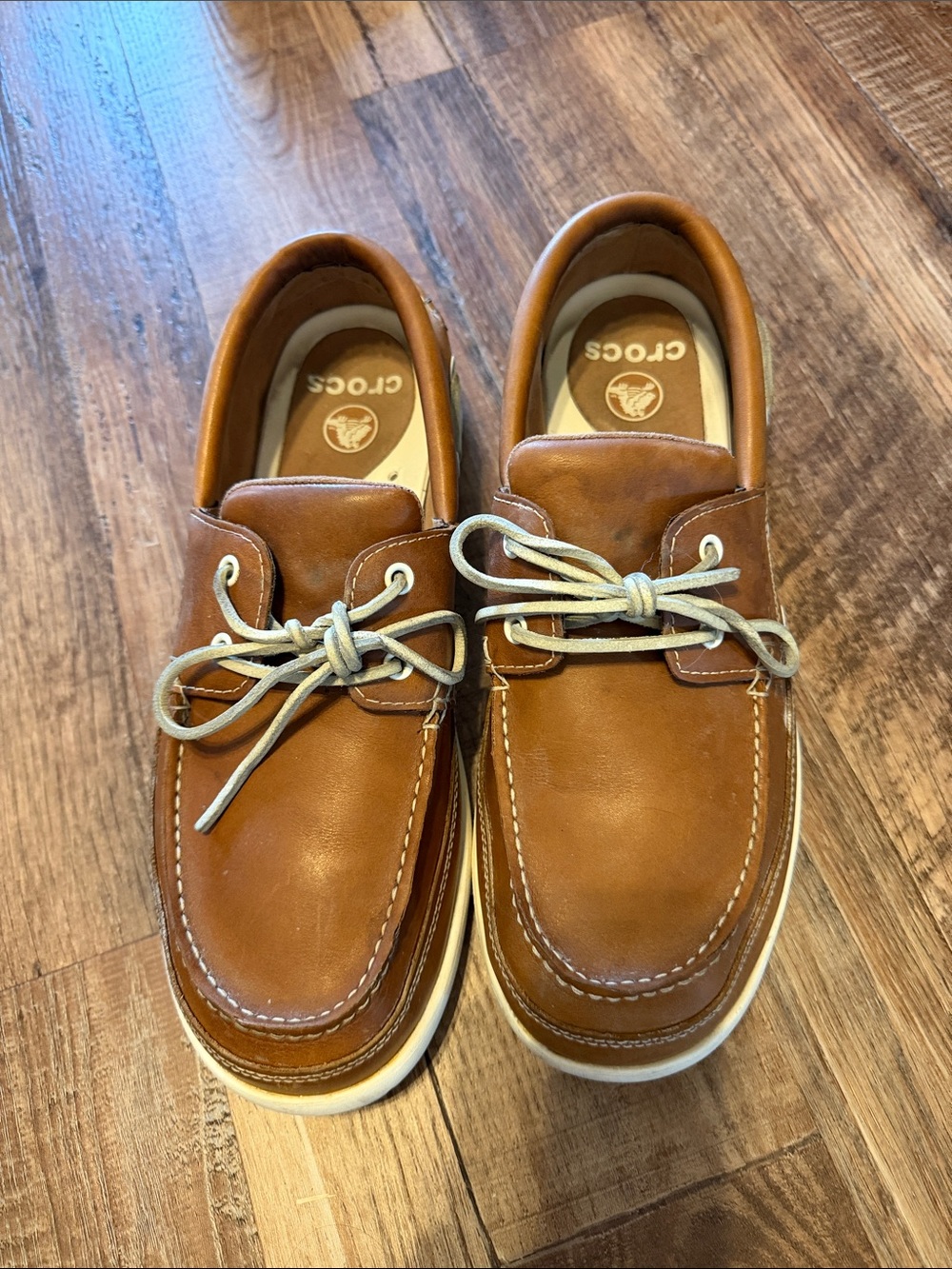 CROCS Men’s Tan Brown Leather Boat Shoes with White Laces